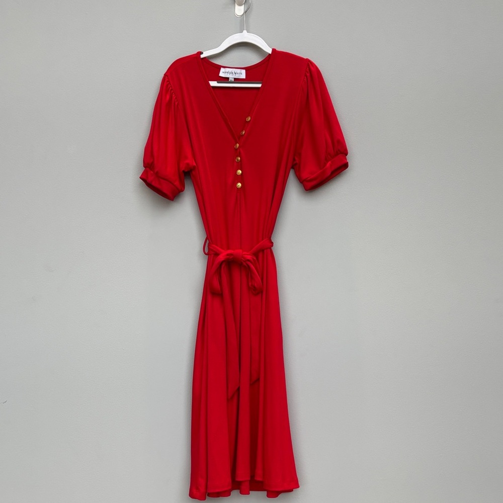Merrick White Red Midi Dress with Gold Accents